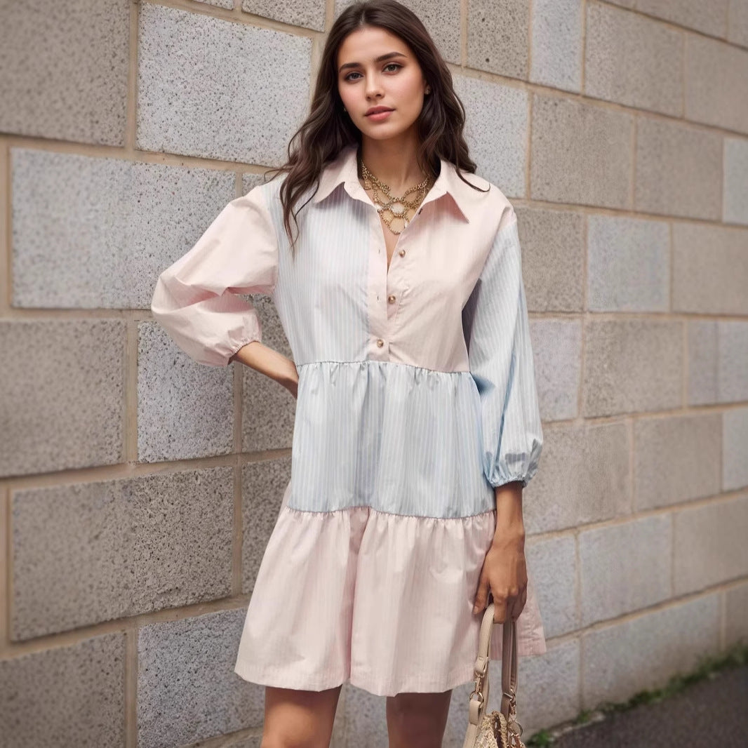 Fresh Pink Blue Contrast Color Striped Collared Lantern Sleeve Tiered Swing Loose Stitching Shirt Dress