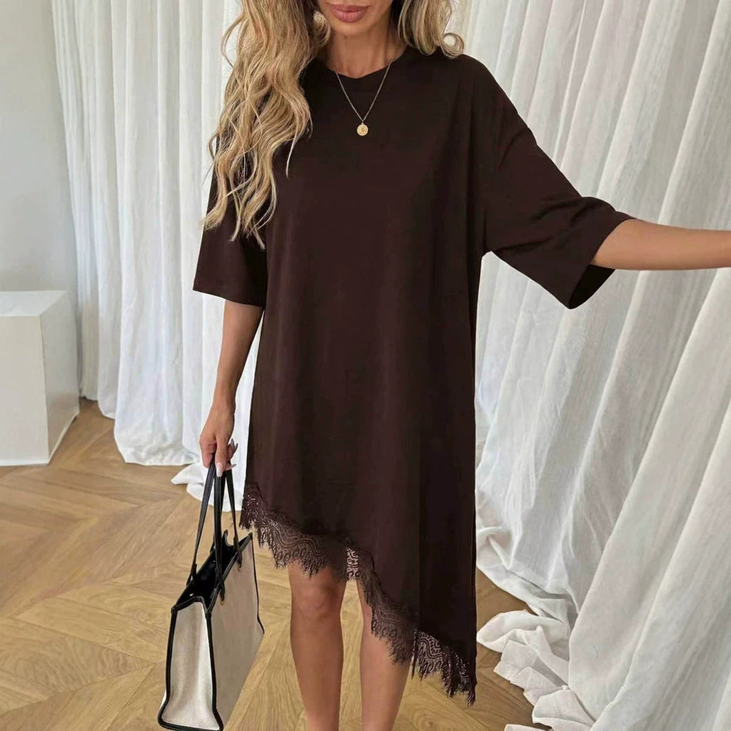 Women Clothing Summer Irregular Asymmetric Loose Solid Color Half Sleeve Dress