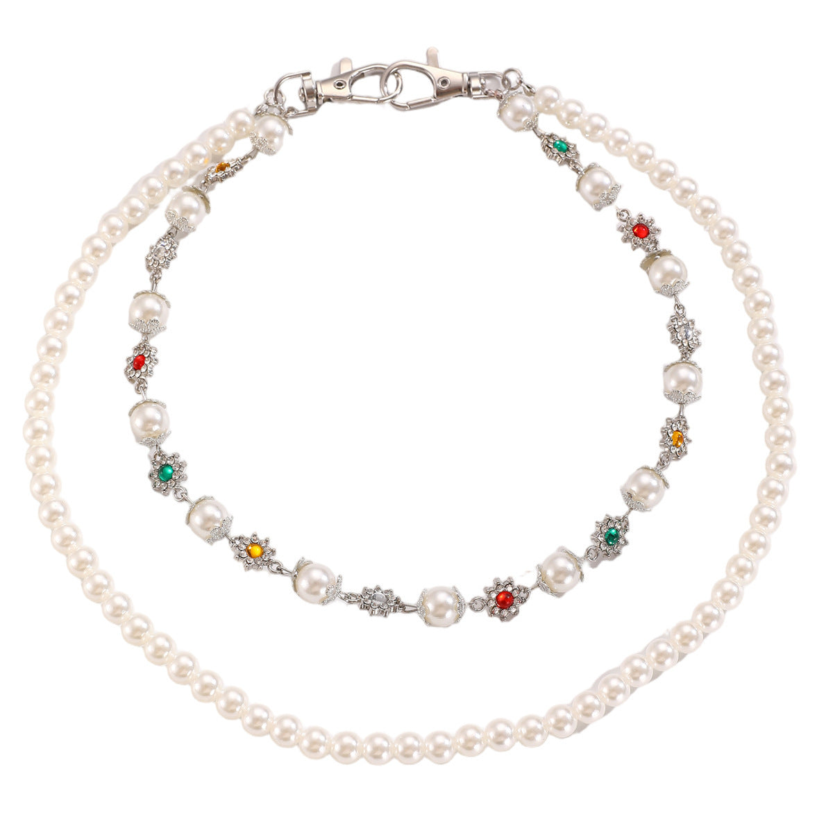 Vintage Multi-Layer Cross Pendant Pearl Flower Color Waist Chain Fashion Pants Chain