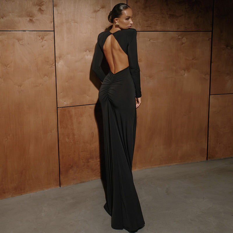 Women Clothing Autumn Sexy Backless Elegant Slim Fit Long Sleeve Sheath Dress Women