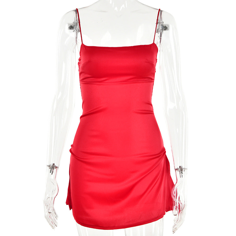 Women Sexy Cami Dress Backless Elegant Pleated Short Sexy Low Cut