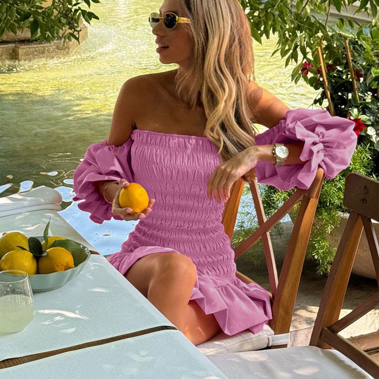 Women Clothing Pink off Shoulder Tube Top Dress Pleated Ruffled Puff Sleeve Backless