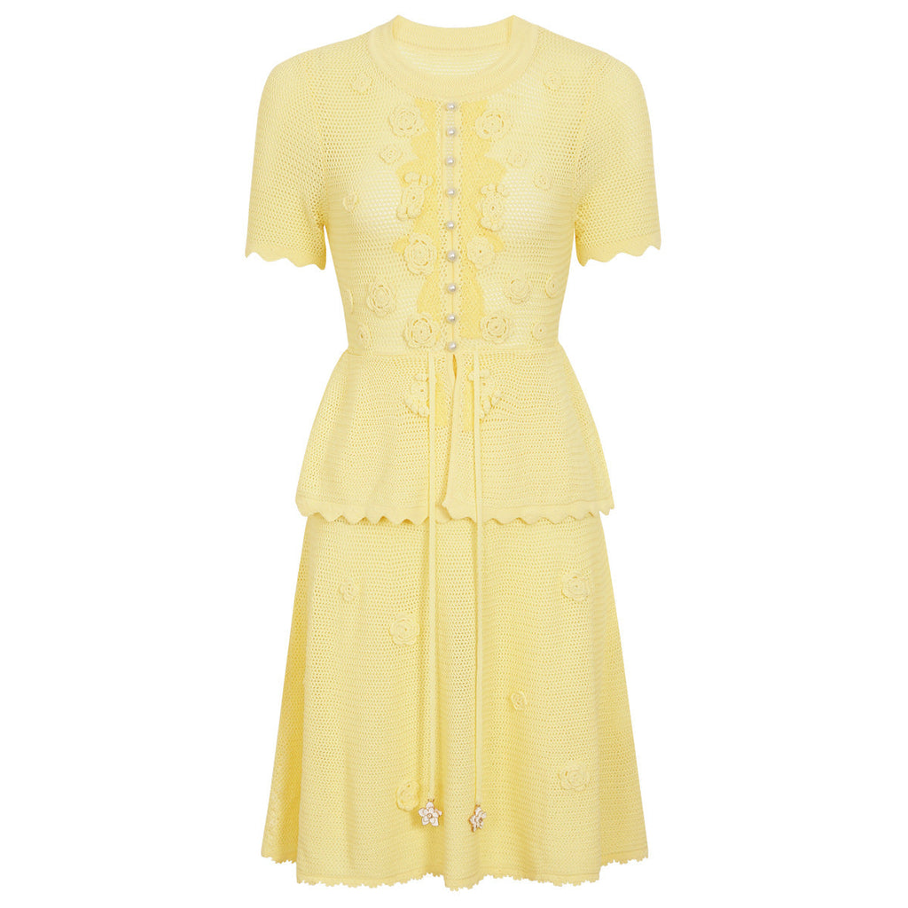 Summer Fashionable Knitted Heavy Embroidery Slimming Short Sleeve Dress for Women