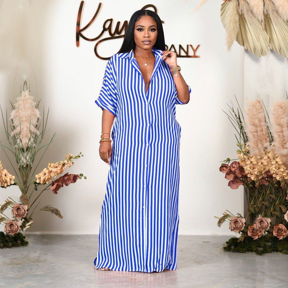 Women Clothing Striped Shirt Women Dress Split Dress French Dress