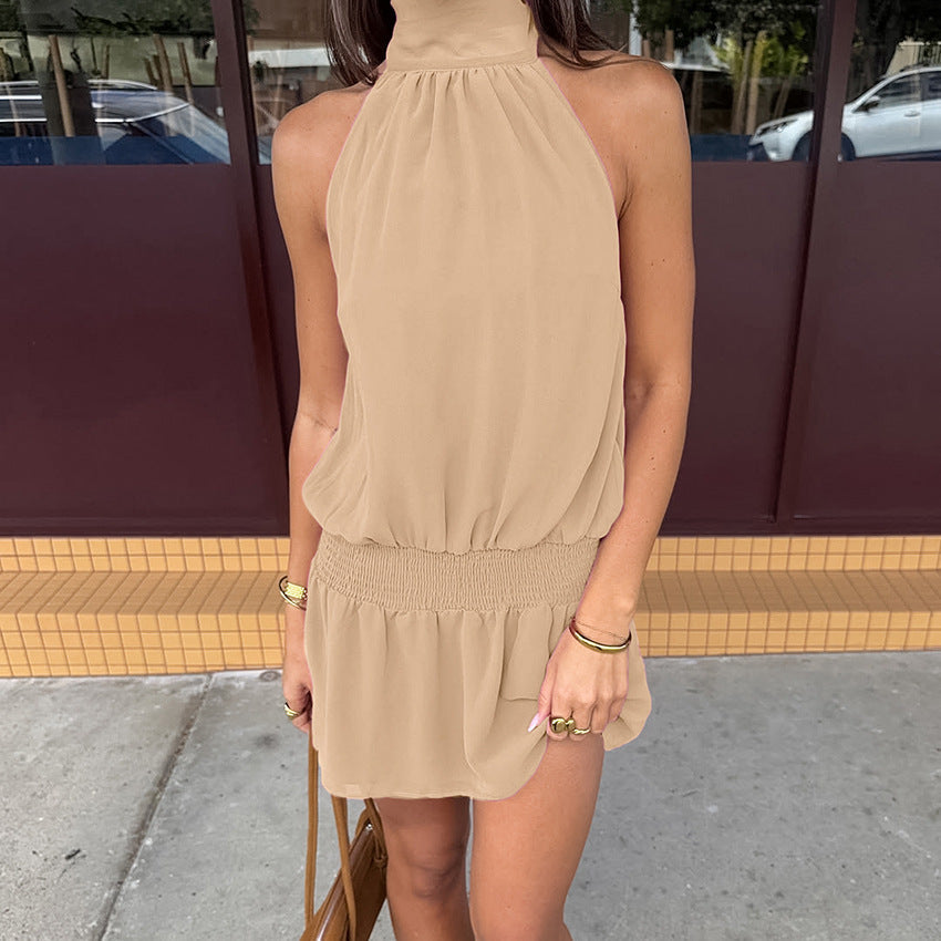 Summer Niche Design Elegant Elegant Apricot Color Halter Sleeveless Slim Fit Short Dress for Women