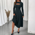Autumn Elegant Office Sexy Cutout round Neck Solid Color Slim Fit Dress
