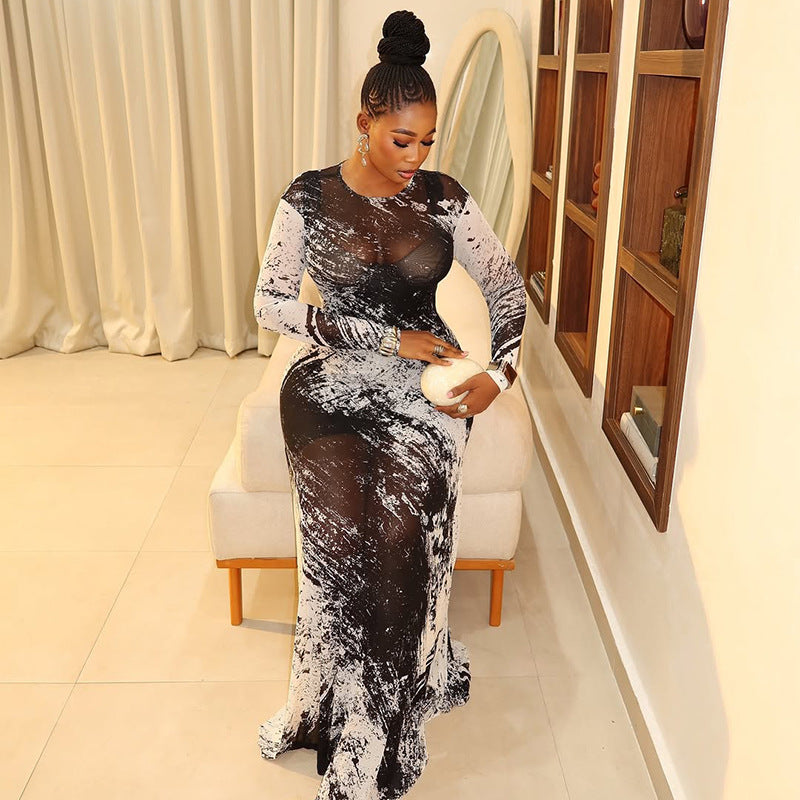 Personality Women Printed Wear Straight Hip Colorblock round Neck Long Sleeved Dress