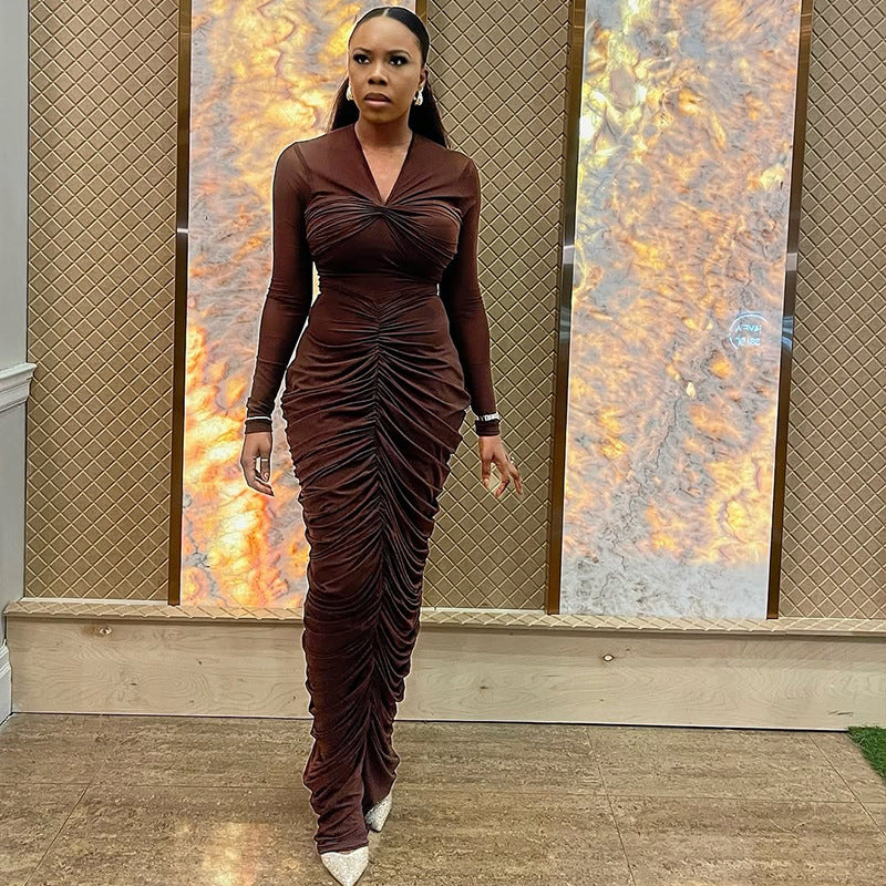 Women Clothing Pleated Slim Fit Elegant V neck Hip Dress Long Sleeve Solid Color Street Step Dress