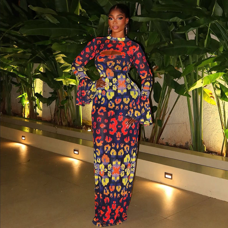 Retro Women Wear Waist Trimming Printing Hip Dress Hollow Out Cutout round Neck Flared Sleeves Maxi Dress