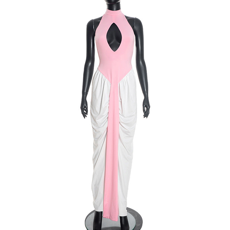 Women Clothing Winter Halter Sleeveless round Neck Hollow Out Cutout Contrast Color Ribbon Slit Maxi Dress