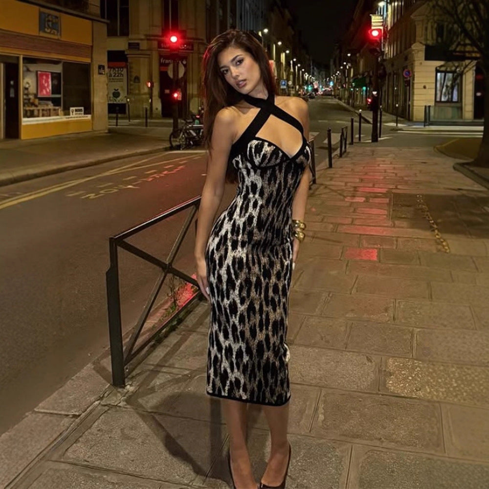 Sexy Night Club Women Clothing Cross Halterneck Backless Slim Fit Tight Leopard Print Elegant Sexy Dress