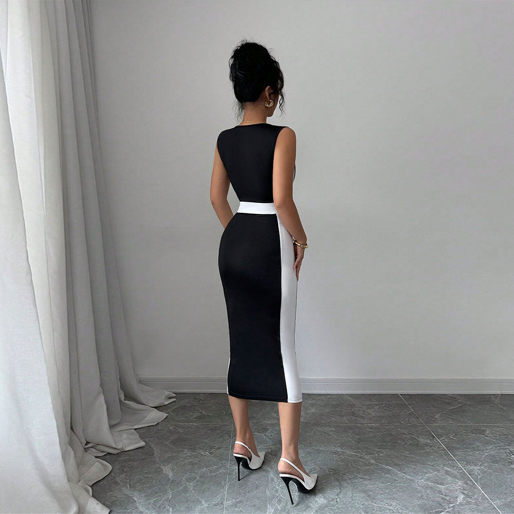 Summer Women Clothing Adult Lady Like Woman Intellectual Maxi Dress Square Neck Strap Contrasting Color Dress