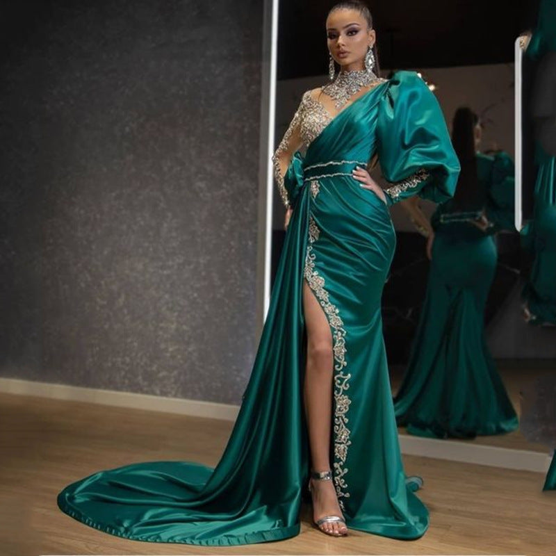 Cocktail Fishtail Gold Dress Host Stage Performance Model Small Trailing Slim Fit Elegant Evening Dress
