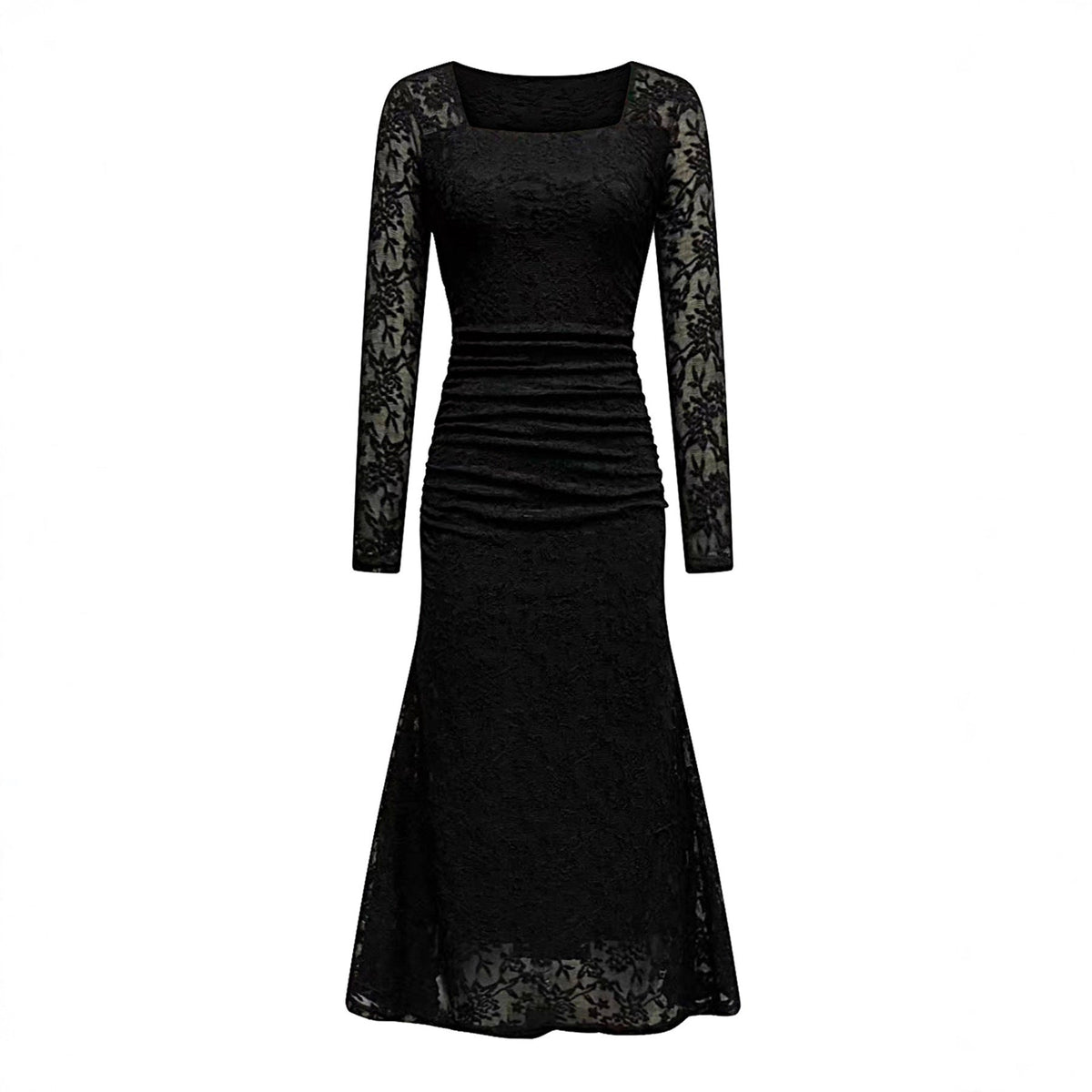 Autumn Winter Women Clothing Fashionable Elegant Lace Stitching Square Collar Slimming Pleated Maxi Dress