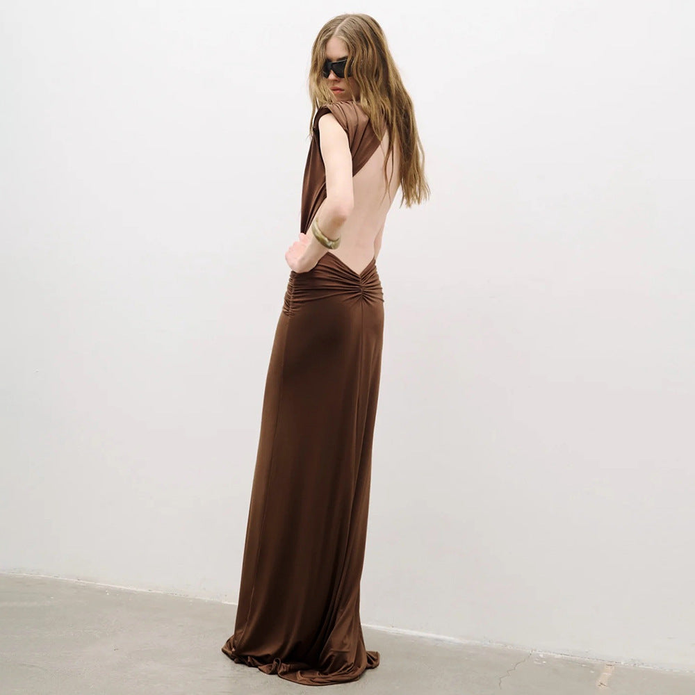 Sexy Brown Twisted Pleated Sleeveless Deep V Plunge Women Clothing Hip Dress