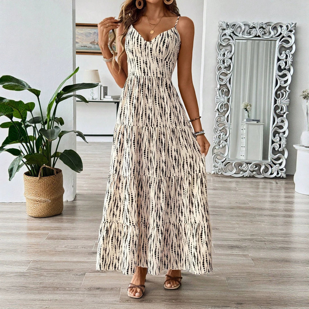 Summer Strap Backless Lace up Dress Striped Design Waist Slimming Vacation Dress