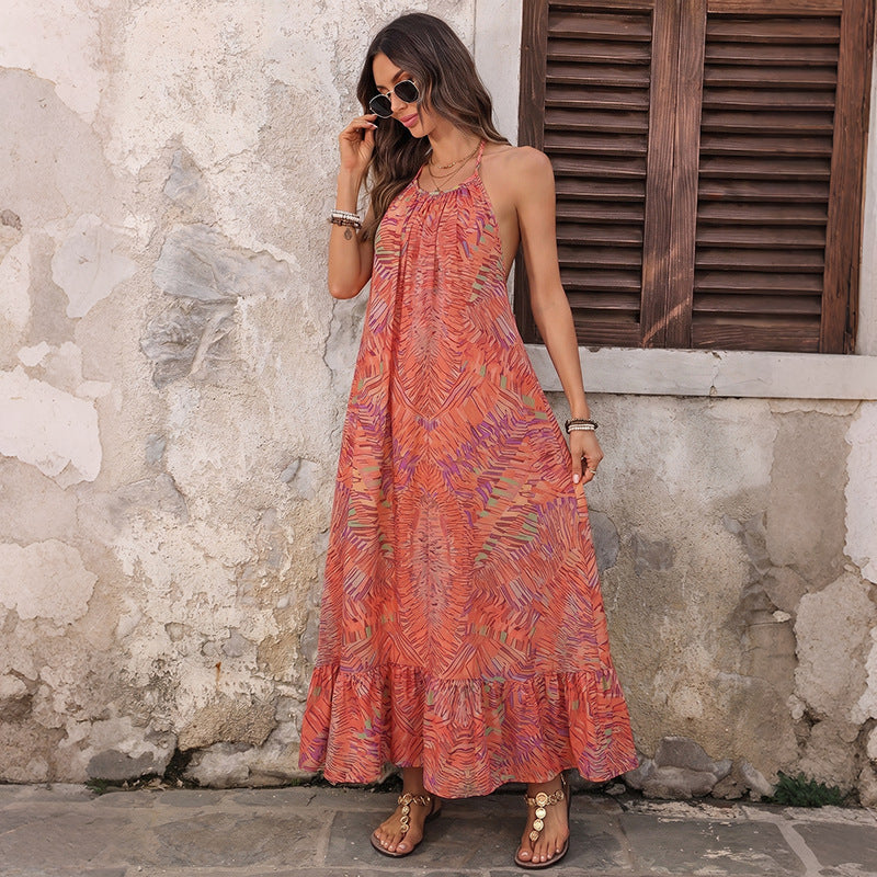Ethnic Vacation Printed Halter Backless Loose Dress