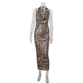 Sleeveless Halter Deep V Plunge Leopard Print Sexy High Waist Figure Flattering Sheath Dress Elegant Evening Dress Women