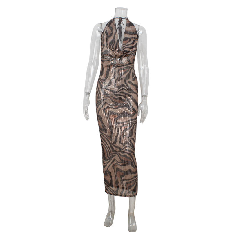 Sleeveless Halter Deep V Plunge Leopard Print Sexy High Waist Figure Flattering Sheath Dress Elegant Evening Dress Women
