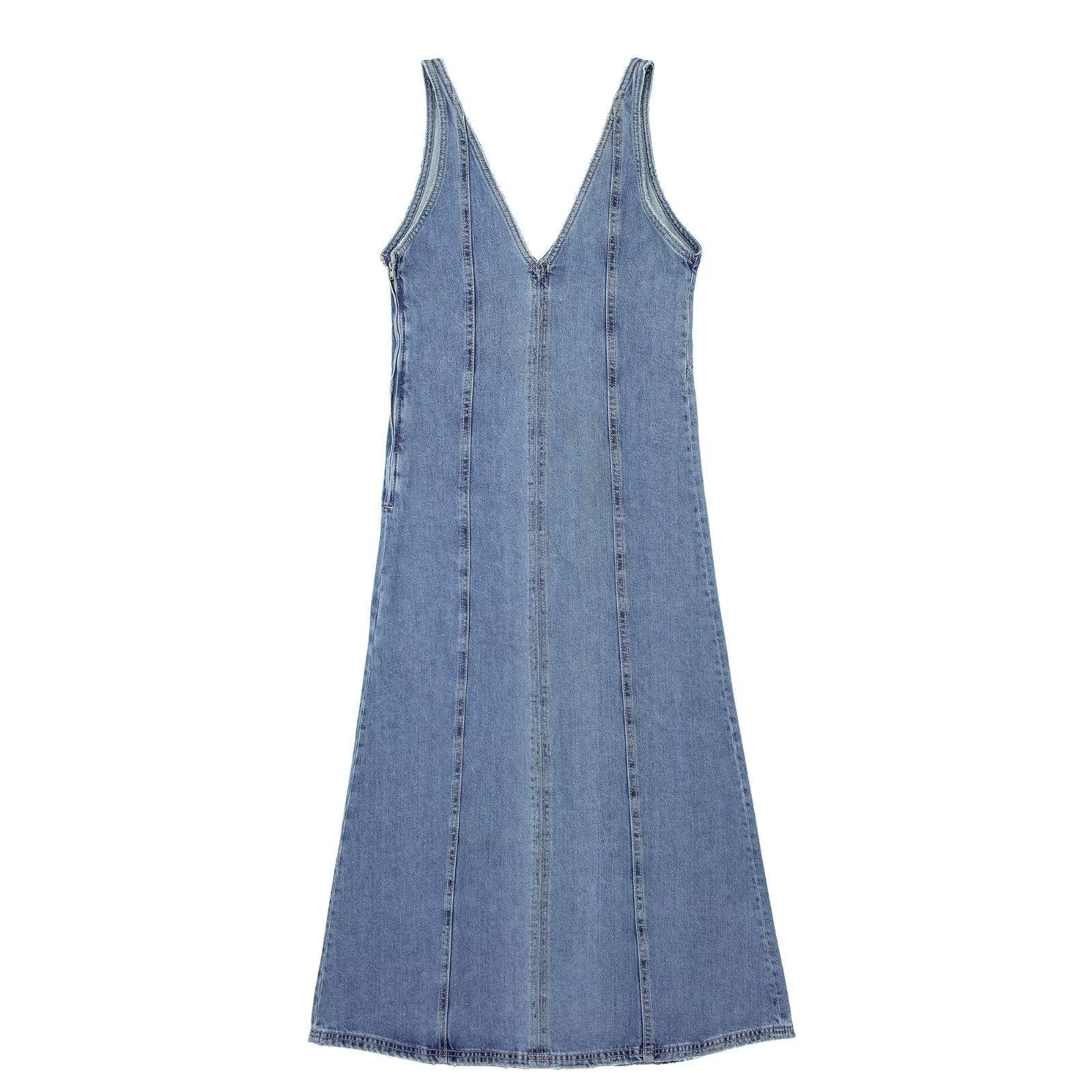 Summer Retro V neck Sleeveless Denim A line Vest Dress Women Dress