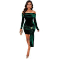 Women Autumn Winter Christmas Slim Fit Pleated Design Sheath Dress Sexy off the Shoulder Velvet Dress