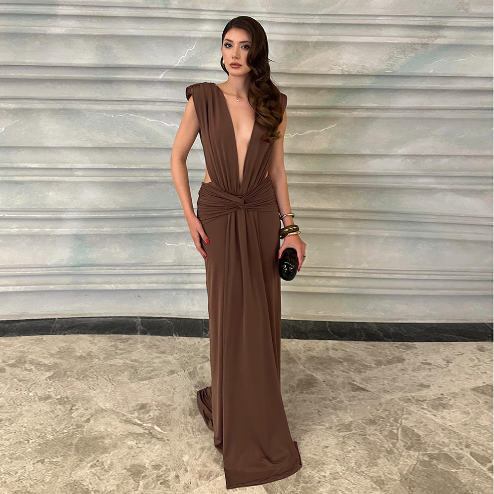 Sexy Brown Twisted Pleated Sleeveless Deep V Plunge Women Clothing Hip Dress