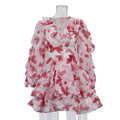 Ruffled Printed French Dress Women V neck Long Sleeve Waist A line Dress