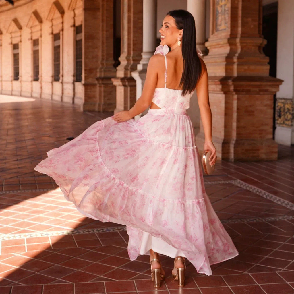 Spring Summer Vacation Chiffon Printed Backless V neck Strap Midi Dress