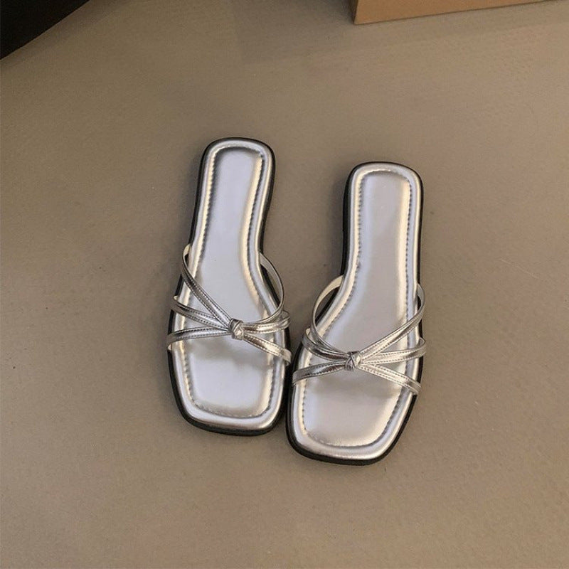 Narrow Combination Gold Flat Bottom Slippers Women Outdoor Open Toe Lightweight Beach Slippers