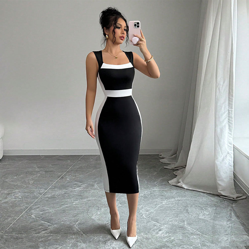 Summer Women Clothing Adult Lady Like Woman Intellectual Maxi Dress Square Neck Strap Contrasting Color Dress