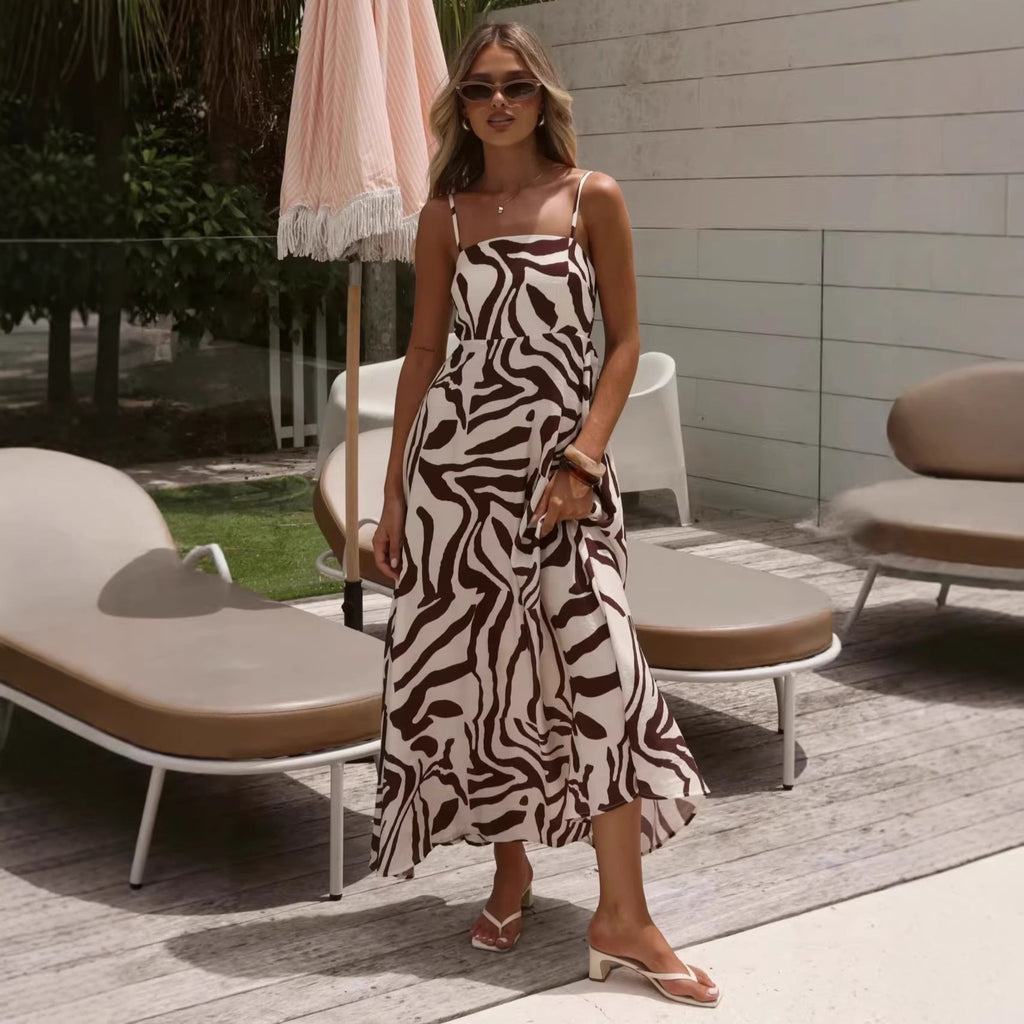 Suspender Dress Zebra Prints French High Waist Vacation Dress Women Dress