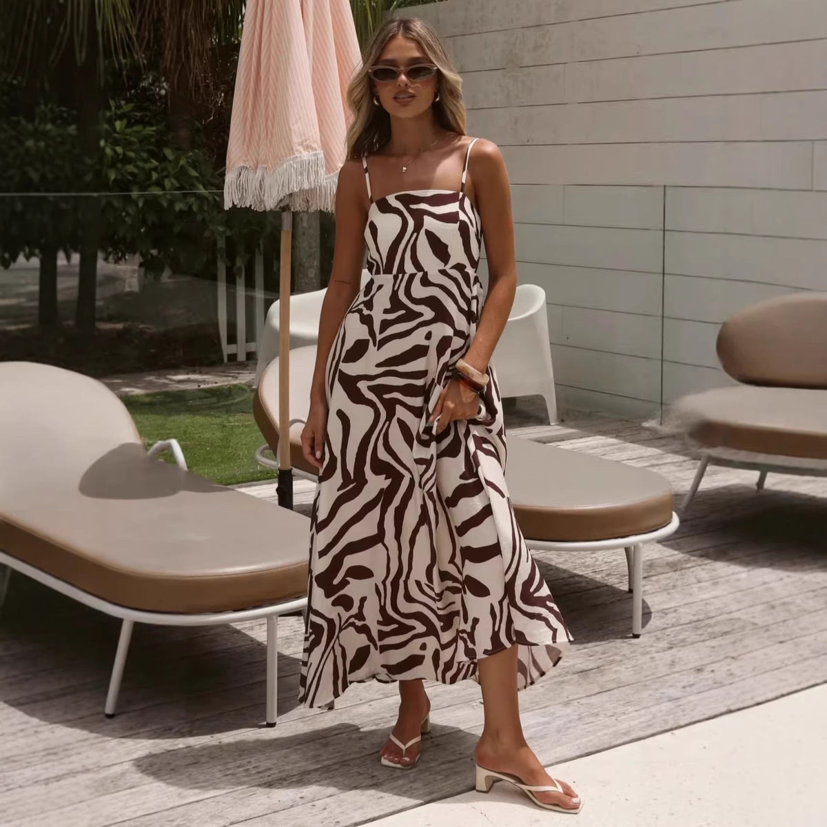Suspender Dress Zebra Prints French High Waist Vacation Dress Women Dress