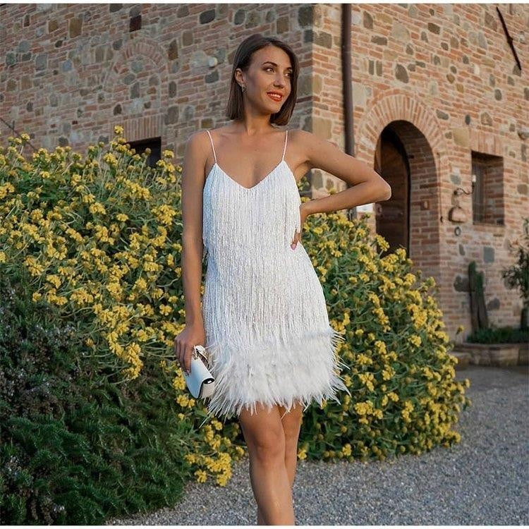 Tassel Sequ Multi Color Birthday Party Sexy V neck Strap Feather Stitching Gown Dress
