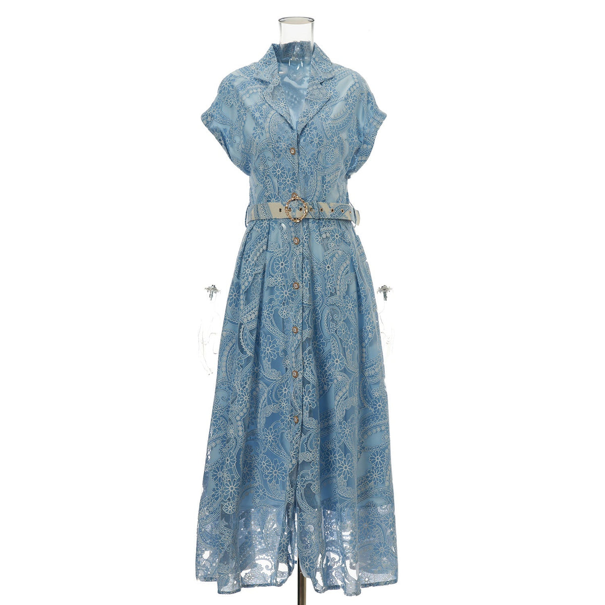 Summer Lace Embroidered Blazer Dress – Notched Collar Button-Front Tie-Waist Maxi, Elegant Long Gown