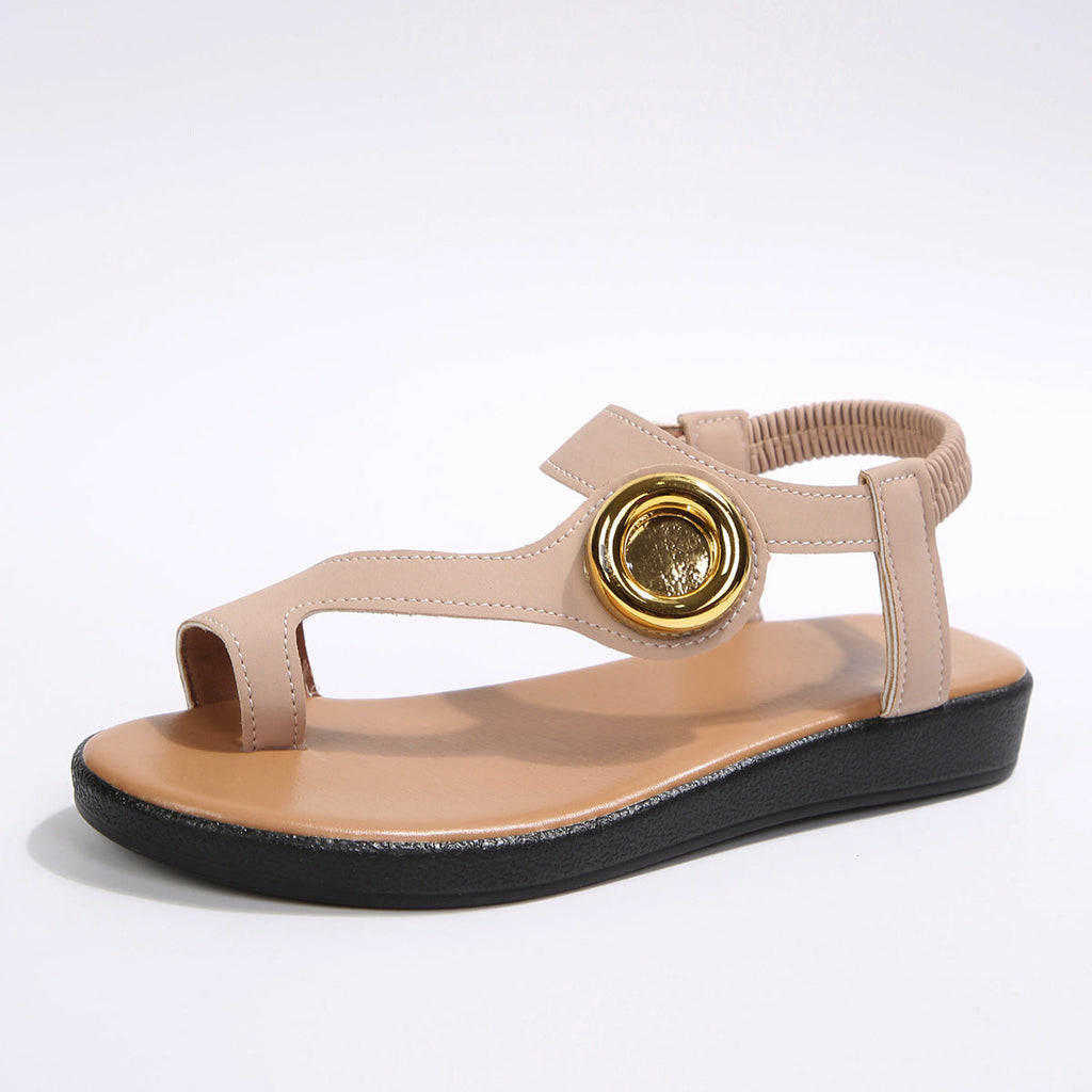 Toe Covering Metal Buckle Flat Sandals Women Elastic Band Casual Open Toe Beach Slippers