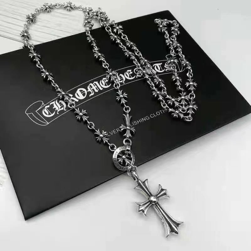 Retro gold silver cross flower necklace