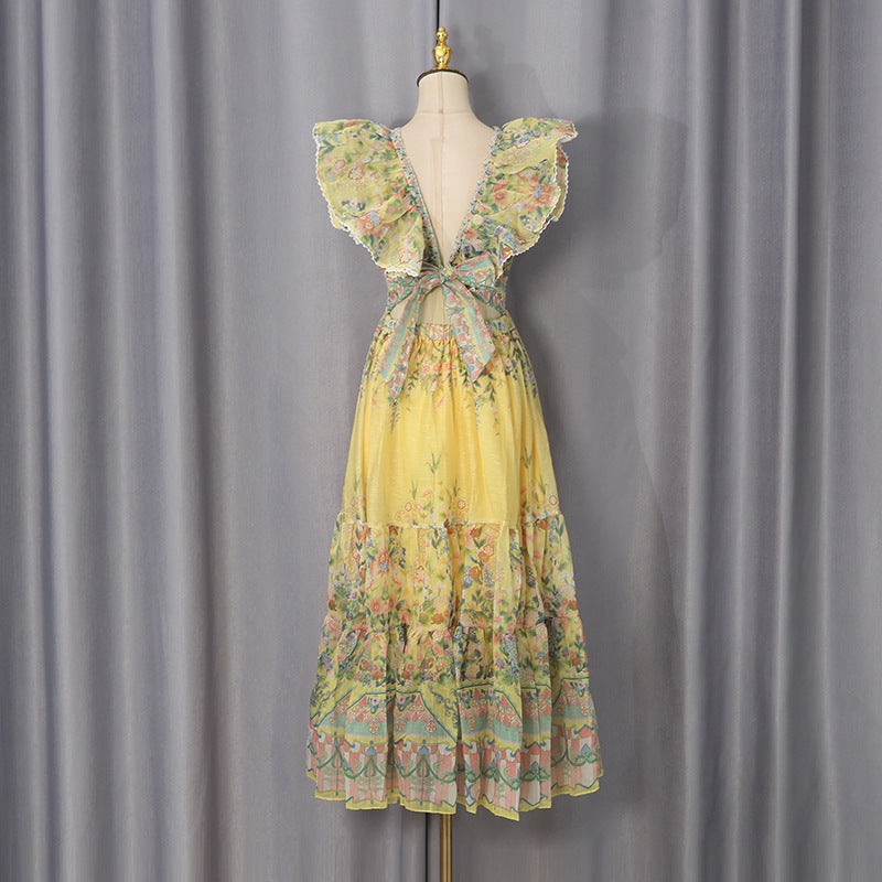Western Retro Midi Dress Deep V Plunge neck Flounce High Waist A line Large Hem Printed Dress