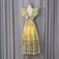 Western Retro Midi Dress Deep V Plunge neck Flounce High Waist A line Large Hem Printed Dress