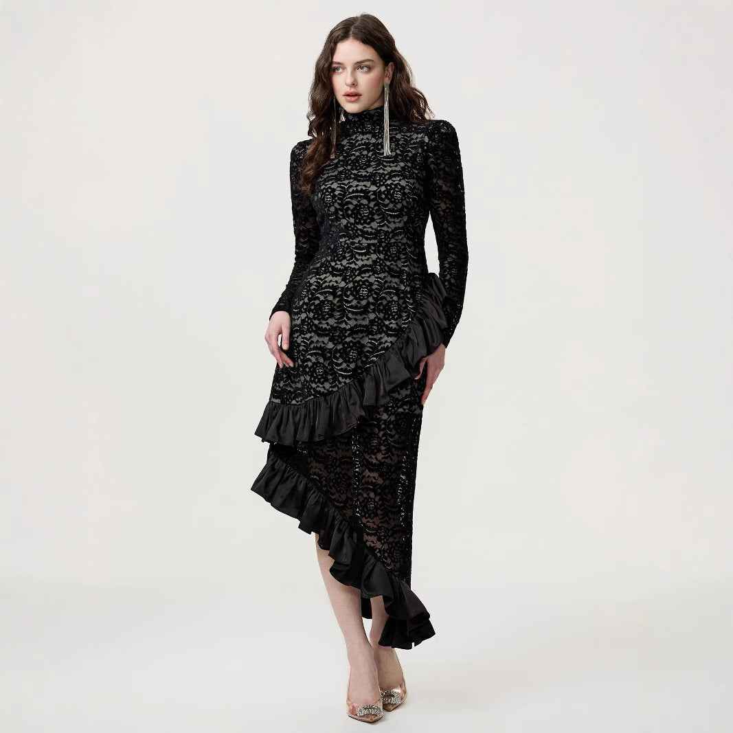 Women Wear Slim Flocking Dress Evening Dress Party Gathering Fishtail Dress