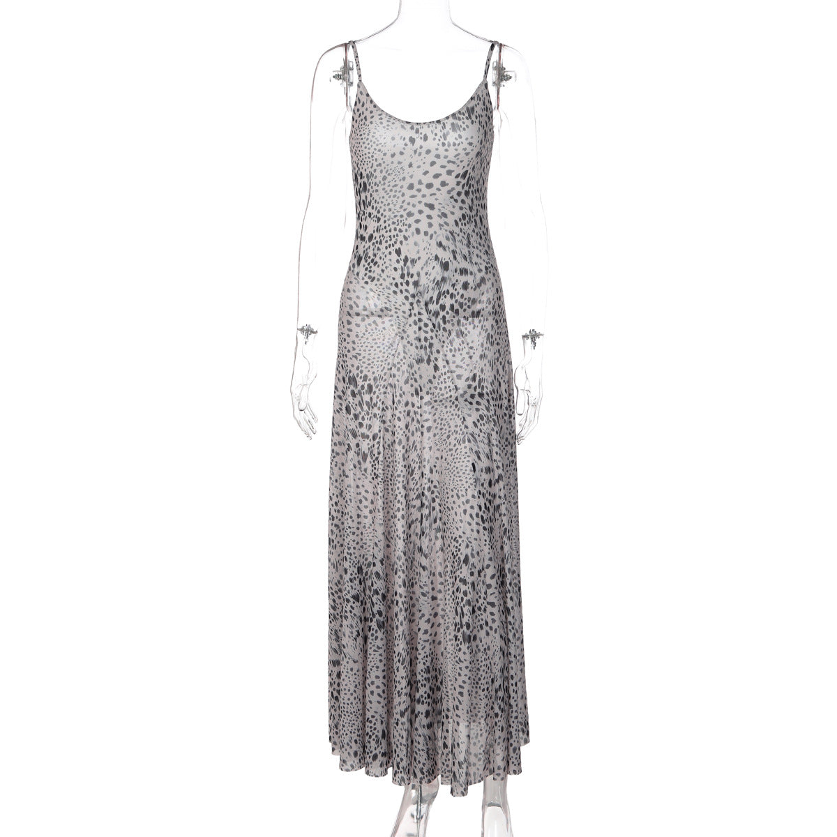 Summer Women Leopard Print Cocktail Sexy Sheer Mesh Splicing Sling One Piece Dress
