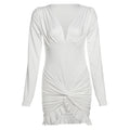 Summer Women Elegant Sexy Solid Color V neck Tight Waist Hip Pleated Long Sleeve Dress