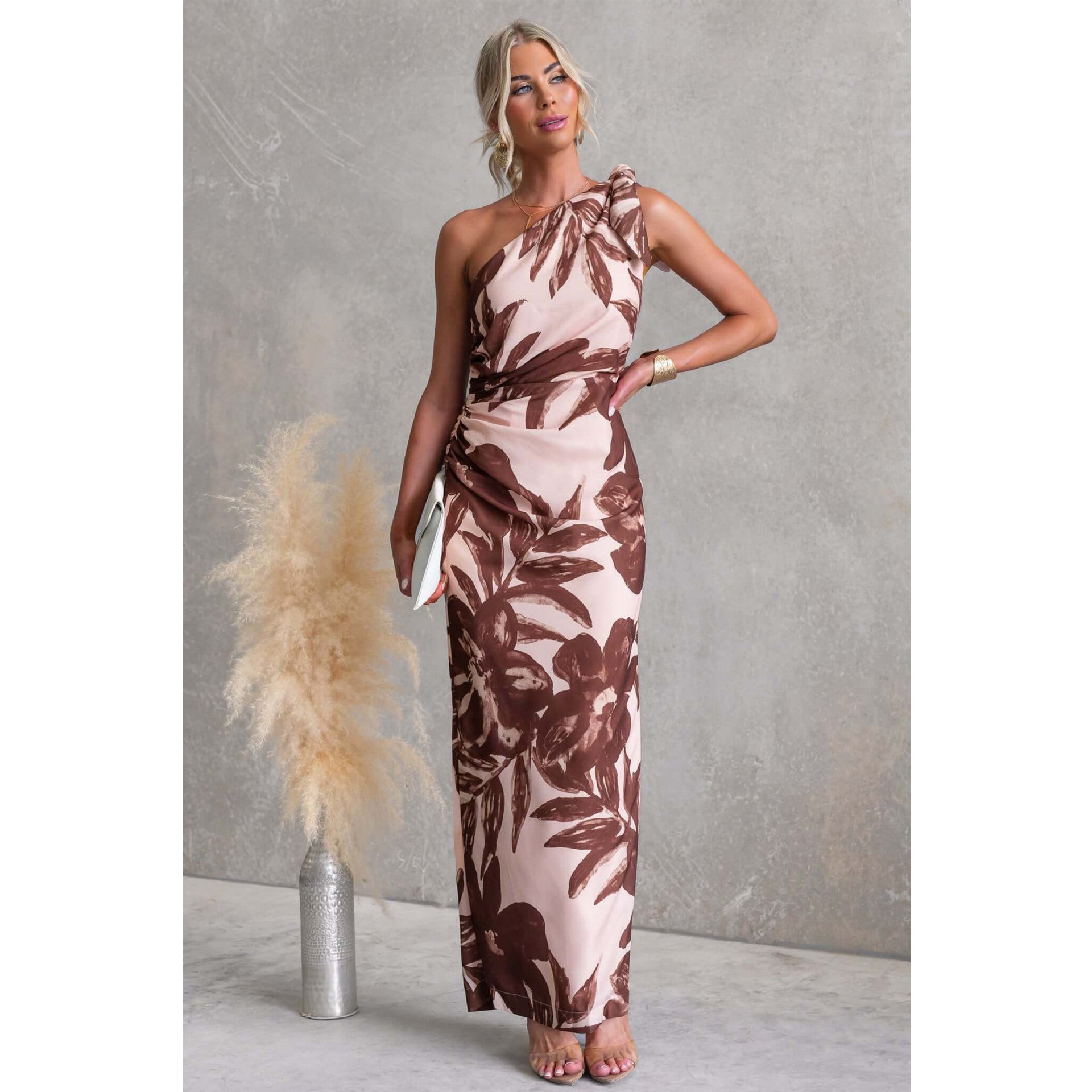 Spring Summer Digital Printing One Shoulder off Shoulder Cocktail Midi Dress