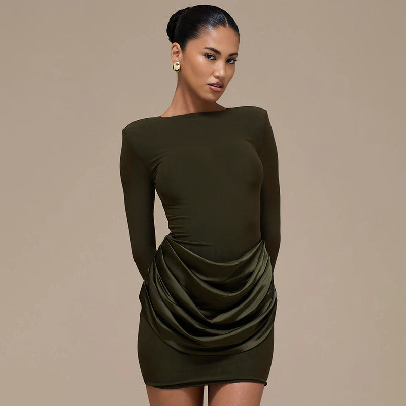 Women Clothing Autumn Winter Solid Color Elegant Casual Slim Fit round Neck Long Sleeves Pleated Short Dress