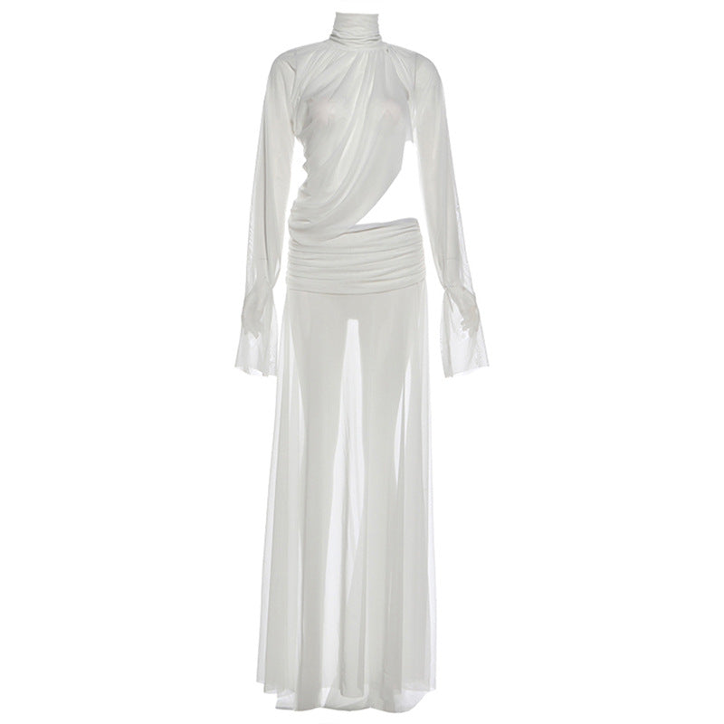 Winter Women Clothing Sexy See through Turtleneck Bell Sleeve Top Split Skirt Two Piece Sets