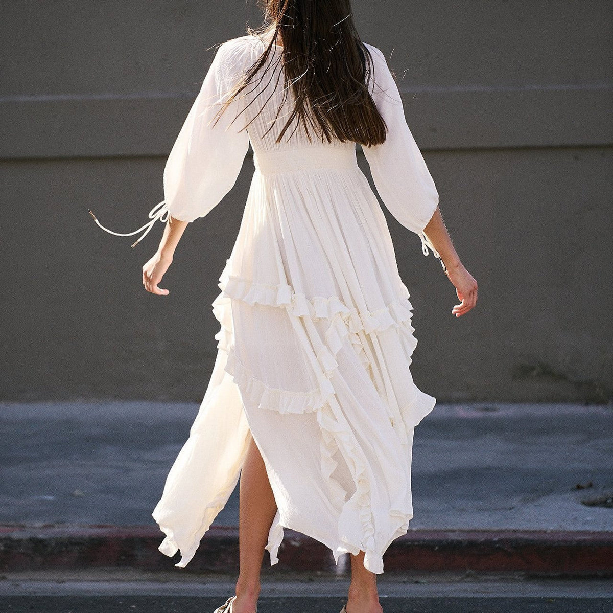 Fall U Collar Ruffled Lace Patchwork Slit Gentle Large Swing Dress Dress