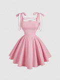 Slimming Flounce Square Collar Summer Dress French Sweet Spicy Pink Bow Bandage Sexy Sling Dress