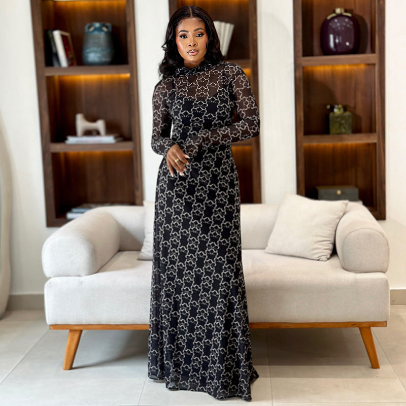 Women Clothing Slim Fit Printed Waist Controlled A line Dress Home Turtleneck Long Sleeve Breathable Dress