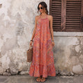 Ethnic Vacation Printed Halter Backless Loose Dress