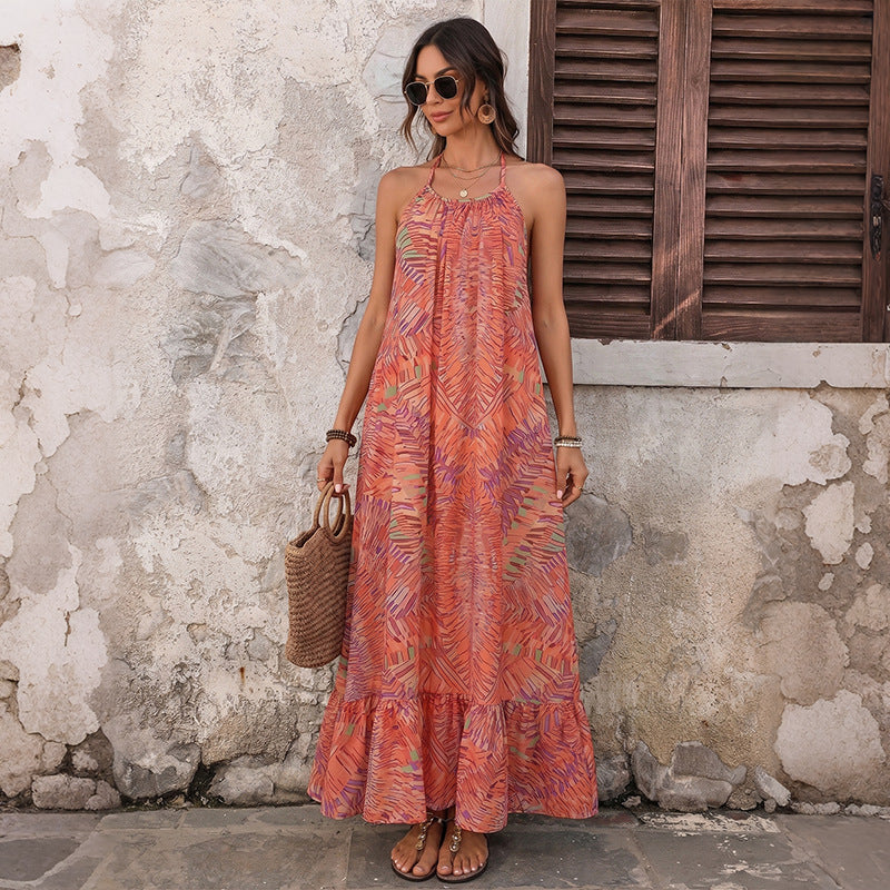 Ethnic Vacation Printed Halter Backless Loose Dress