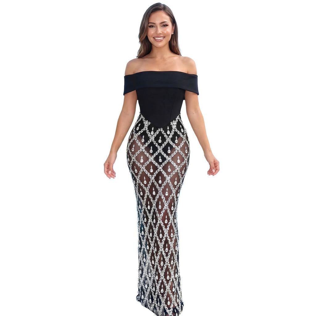 Women Clothing Sexy off the Shoulder Tube Top Fishtail Dress Rhinestone Party Dress